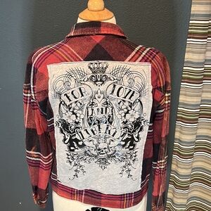 Distressed Cropped Flannel with Patchwork on back size Medium